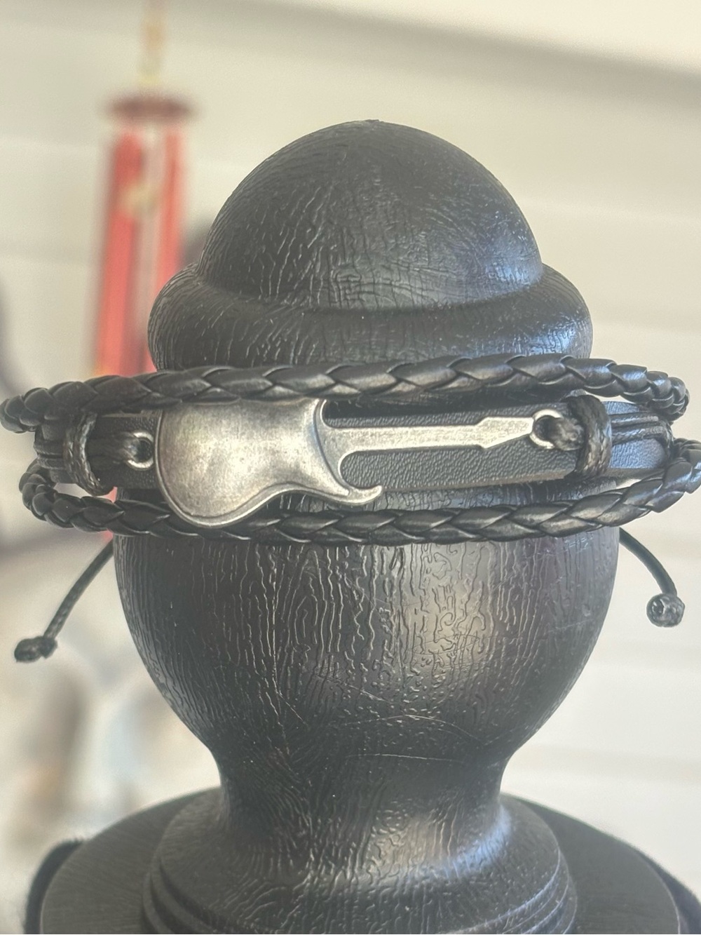 Black Braided Leather Men’s Bracelet with Metal Hook Accent